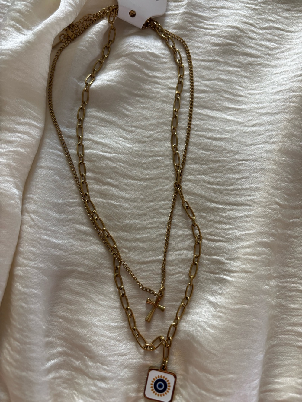 Stainless steal Layered Cross & Evil Eye Pendant Necklace - Women's Jewelry